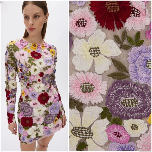 Rachel Gilbert Floral Embroidered Nya Long Sleeve Cocktail Mini Dress 6 US - Picture 4 of 12